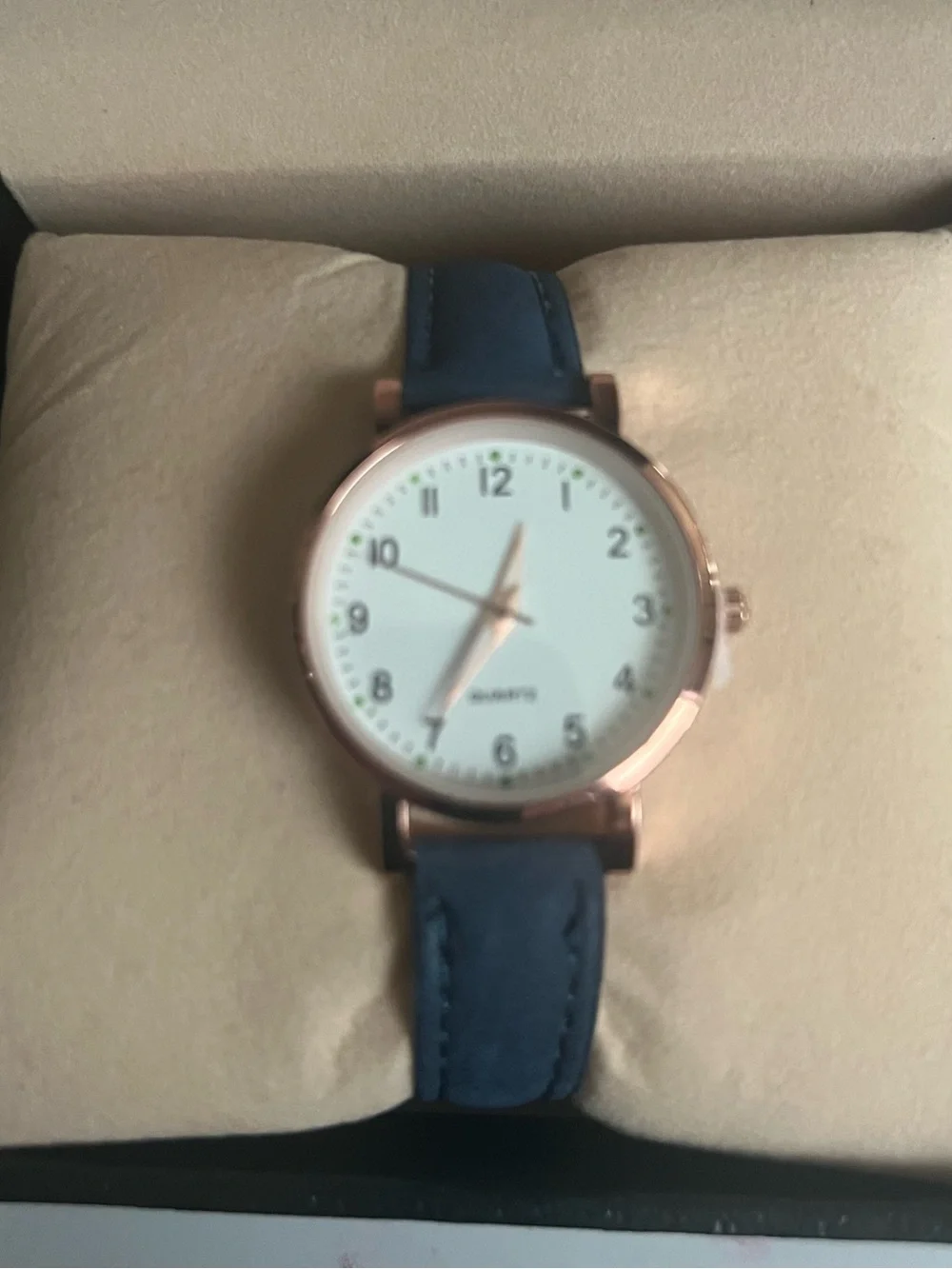 Women’s Round Rose Gold/White Navy Blue Leather Quartz Wrist Watch NWT